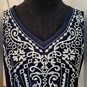 Semi Sheer Blue Sleeveless Top With Embroidered Neckline     Size XXL